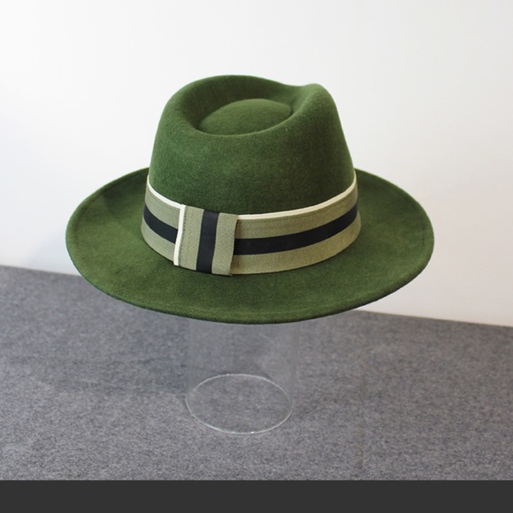 High Quality Unisex Green Australian Wool Fedora stripe ribbon hat - Picture 6 of 10